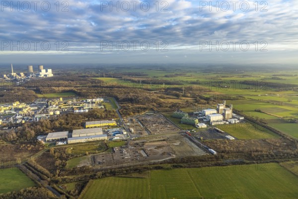 Aerial view Trianel gas power plant Hamm with construction site for Douglas distribution centre and construction site Hines in the district Uentrop in Hamm, Ruhr area, North Rhine-Westphalia, Germany, DE, Deutsche Post DHL - Mech ZB Hamm, Europe, Hamm, power plant, aerial view, aerial photograph, aerial photography, aerial photography, Rhine-Ruhr metropolitan region, overview, bird's-eye view, overview