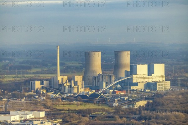 Aerial view of the RWE Westfalen power plant in Uentrop in Hamm, Ruhr area, North Rhine-Westphalia, Germany, DE, Europe, distant view, shapes and colours, Hamm, coal-fired power plant, cooling towers, aerial view, aerial photograph, aerial photography, aerial photography, Rhine-Ruhr metropolitan region, tower, overview, bird's-eye view, twin towers, birds-eyes view, overview