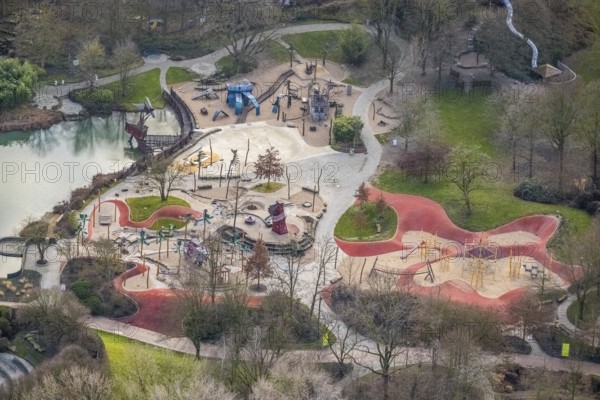 Aerial view playground in Maximilianpark in Hamm, Ruhr area, North Rhine-Westphalia, Germany, DE, Europe, leisure facility, leisure area, leisure activities, leisure park, leisure enjoyment, leisure centre, Hamm, aerial view, aerial photograph, aerial photography, aerial photography, MaxiPark, Rhine-Ruhr metropolitan region, lake, playground, overview, bird's-eye view, overview