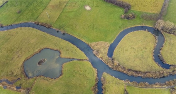 Aerial view river landscape in the nature reserve Heidemühle with river Lippe in Hamm, Ruhr area, North Rhine-Westphalia, Germany, DE, Europe, shapes and colours, Hamm, aerial view, aerial photograph, aerial photography, aerial photography, Rhine-Ruhr metropolitan region, nature reserve, lake, overview, bird's-eye view, overview