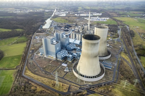 Aerial view of the RWE Westfalen power plant in Uentrop in Hamm, Ruhr area, North Rhine-Westphalia, Germany, DE, Europe, distant view, shapes and colours, Hamm, coal-fired power plant, cooling towers, aerial view, aerial photograph, aerial photography, aerial photography, Rhine-Ruhr metropolitan region, tower, overview, bird's-eye view, twin towers, birds-eyes view, overview