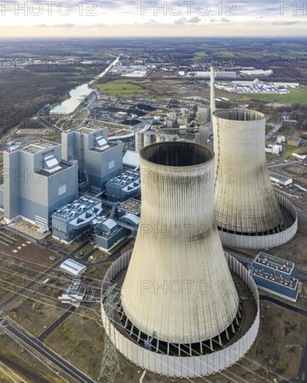 Aerial view of the RWE Westfalen power plant in Uentrop in Hamm, Ruhr area, North Rhine-Westphalia, Germany, DE, Europe, distant view, shapes and colours, Hamm, coal-fired power plant, cooling towers, aerial view, aerial photograph, aerial photography, aerial photography, Rhine-Ruhr metropolitan region, tower, overview, bird's-eye view, twin towers, birds-eyes view, overview