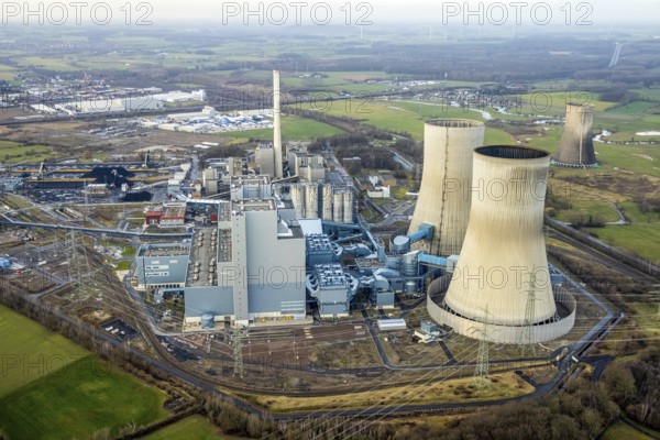 Aerial view of the RWE Westfalen power plant in Uentrop in Hamm, Ruhr area, North Rhine-Westphalia, Germany, DE, Europe, distant view, shapes and colours, Hamm, coal-fired power plant, cooling towers, aerial view, aerial photograph, aerial photography, aerial photography, Rhine-Ruhr metropolitan region, tower, overview, bird's-eye view, twin towers, birds-eyes view, overview