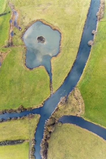 Aerial view river landscape in the nature reserve Heidemühle with river Lippe in Hamm, Ruhr area, North Rhine-Westphalia, Germany, DE, Europe, shapes and colours, Hamm, aerial view, aerial photograph, aerial photography, aerial photography, Rhine-Ruhr metropolitan region, nature reserve, lake, overview, bird's-eye view, overview