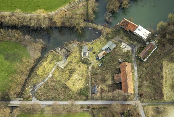 Aerial view, development of the area at the Heessener Schlossmühle, historic mill, Enniger Bach, Uentrop, Hamm, Ruhr area, North Rhine-Westphalia, Germany, DE, Europe, birds-eyes view, aerial view, aerial photography, aerial photography, overview, overview, bird's eye view, new development area, property, residential property