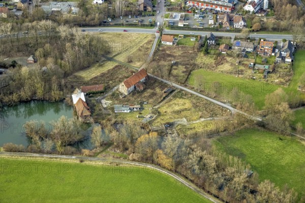 Aerial view, development of the area at the Heessener Schlossmühle, historic mill, Enniger Bach, Uentrop, Hamm, Ruhr area, North Rhine-Westphalia, Germany, DE, Europe, birds-eyes view, aerial view, aerial photography, aerial photography, overview, overview, bird's eye view, new development area, property, residential property