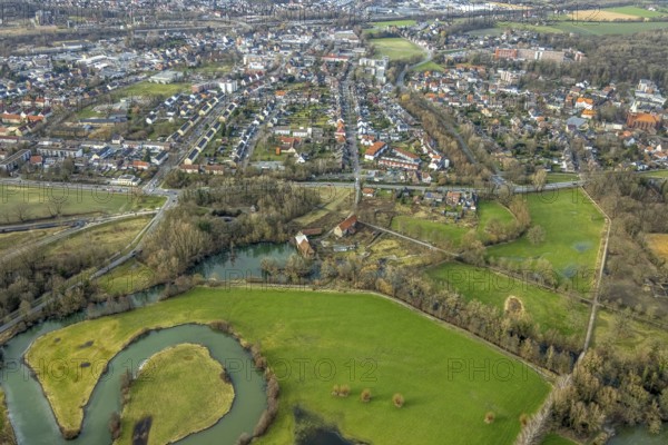 Aerial view, development of the area at the Heessener Schlossmühle, historic mill, Enniger Bach, Uentrop, Hamm, Ruhr area, North Rhine-Westphalia, Germany, DE, Europe, birds-eyes view, aerial view, aerial photography, aerial photography, overview, overview, bird's eye view, new development area, property, residential property