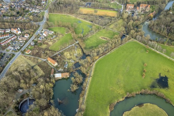 Aerial view, development of the area at the Heessener Schlossmühle, historic mill, Enniger Bach, Uentrop, Hamm, Ruhr area, North Rhine-Westphalia, Germany, DE, Europe, birds-eyes view, aerial view, aerial photography, aerial photography, overview, overview, bird's eye view, new development area, property, residential property