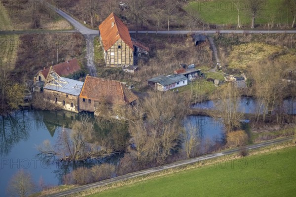 Aerial view, development of the area at the Heessener Schlossmühle, historic mill, Enniger Bach, Uentrop, Hamm, Ruhr area, North Rhine-Westphalia, Germany, DE, Europe, birds-eyes view, aerial view, aerial photography, aerial photography, overview, overview, bird's eye view, new development area, property, residential property