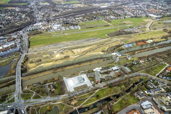 Aerial view, Lippe reconstruction, river Lippe, new rowing centre, new water sports centre, Lippe beach, runway with taxiway area of Hamm-Lippewiesen airfield EDLH in the district of Heessen, Datteln-Hamm canal, Lippeseitenkanal, construction site dam relocation, Hamm, Ruhr area, North Rhine-Westphalia, Germany, DE, Europe, birds-eyes view, aerial view, aerial photography, aerial photography, overview, bird's eye view