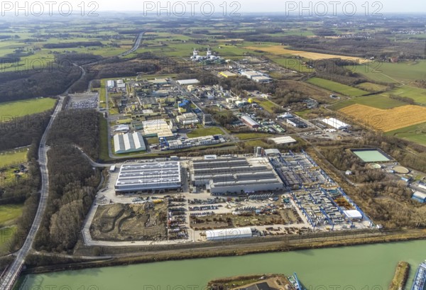 Aerial view, new halls at GOLDBECK Betonelemente GmbH Hamm, near plastics factory DuBay Polymer GmbH, DuPont Uentrop GmbH, Uentrop, Hamm, Ruhr area, North Rhine-Westphalia, Germany, DE, Europe, birds-eyes view, aerial view, aerial photography, aerial photography, overview, bird's eye view