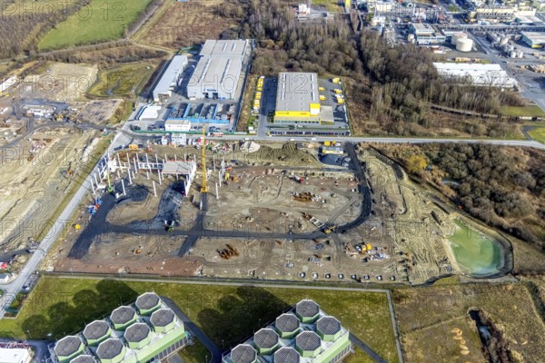 Aerial view, construction site for the new building complex on the site of the logistics centre and distribution park in the Uentrop district, Uentrop, Hamm, Ruhr area, North Rhine-Westphalia, Germany, DE, Europe, birds-eyes view, aerial photograph, aerial photography, aerial photography, overview, bird's eye view, Arvato Distribution GmbH & Arvato Supply Chain Solutions SE, Douglas Group, HINES Immobilien GmbH, Krüger Consult GmbH, Köster GmbH, studio architec