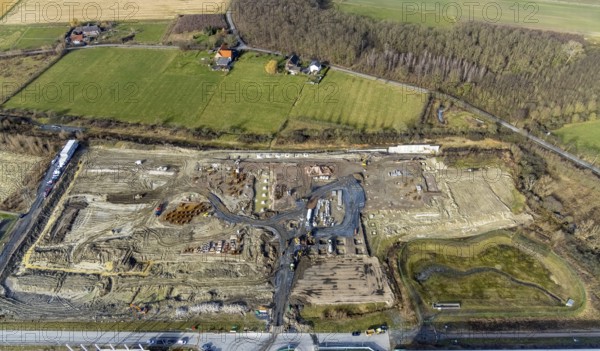 Aerial view, construction site for the new building complex on the site of the logistics centre and distribution park in the Uentrop district, Uentrop, Hamm, Ruhr area, North Rhine-Westphalia, Germany, DE, Europe, birds-eyes view, aerial photograph, aerial photography, aerial photography, overview, bird's eye view, Arvato Distribution GmbH & Arvato Supply Chain Solutions SE, Douglas Group, HINES Immobilien GmbH, Krüger Consult GmbH, Köster GmbH, studio architec