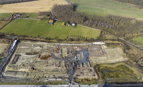 Aerial view, construction site for the new building complex on the site of the logistics centre and distribution park in the Uentrop district, Uentrop, Hamm, Ruhr area, North Rhine-Westphalia, Germany, DE, Europe, birds-eyes view, aerial photograph, aerial photography, aerial photography, overview, bird's eye view, Arvato Distribution GmbH & Arvato Supply Chain Solutions SE, Douglas Group, HINES Immobilien GmbH, Krüger Consult GmbH, Köster GmbH, studio architec