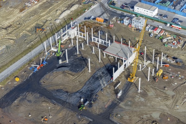 Aerial view, construction site for the new building complex on the site of the logistics centre and distribution park in the Uentrop district, Uentrop, Hamm, Ruhr area, North Rhine-Westphalia, Germany, DE, Europe, birds-eyes view, aerial photograph, aerial photography, aerial photography, overview, bird's eye view, Arvato Distribution GmbH & Arvato Supply Chain Solutions SE, Douglas Group, HINES Immobilien GmbH, Krüger Consult GmbH, Köster GmbH, studio architec