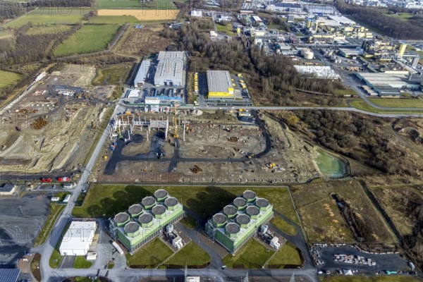 Aerial view, construction site for the new building complex on the site of the logistics centre and distribution park in the Uentrop district, Uentrop, Hamm, Ruhr area, North Rhine-Westphalia, Germany, DE, Europe, birds-eyes view, aerial photograph, aerial photography, aerial photography, overview, bird's eye view, Arvato Distribution GmbH & Arvato Supply Chain Solutions SE, Douglas Group, HINES Immobilien GmbH, Krüger Consult GmbH, Köster GmbH, studio architec