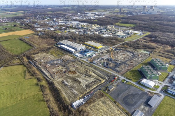 Aerial view, construction site for the new building complex on the site of the logistics centre and distribution park in the Uentrop district, Uentrop, Hamm, Ruhr area, North Rhine-Westphalia, Germany, DE, Europe, birds-eyes view, aerial photograph, aerial photography, aerial photography, overview, bird's eye view, Arvato Distribution GmbH & Arvato Supply Chain Solutions SE, Douglas Group, HINES Immobilien GmbH, Krüger Consult GmbH, Köster GmbH, studio architec