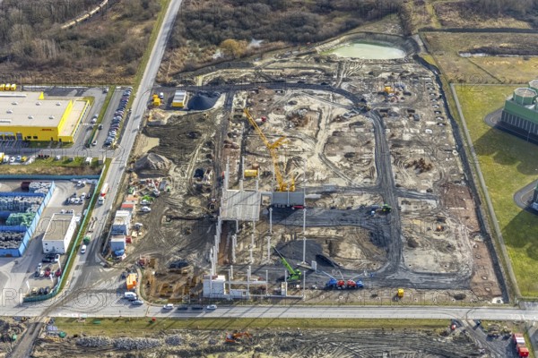 Aerial view, construction site for the new building complex on the site of the logistics centre and distribution park in the Uentrop district, Uentrop, Hamm, Ruhr area, North Rhine-Westphalia, Germany, DE, Europe, birds-eyes view, aerial photograph, aerial photography, aerial photography, overview, bird's eye view, Arvato Distribution GmbH & Arvato Supply Chain Solutions SE, Douglas Group, HINES Immobilien GmbH, Krüger Consult GmbH, Köster GmbH, studio architec