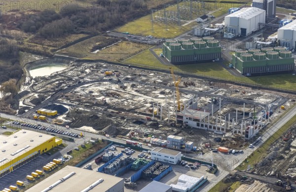 Aerial view, construction site for the new building complex on the site of the logistics centre and distribution park in the Uentrop district, Uentrop, Hamm, Ruhr area, North Rhine-Westphalia, Germany, DE, Europe, birds-eyes view, aerial photograph, aerial photography, aerial photography, overview, bird's eye view, Arvato Distribution GmbH & Arvato Supply Chain Solutions SE, Douglas Group, HINES Immobilien GmbH, Krüger Consult GmbH, Köster GmbH, studio architec