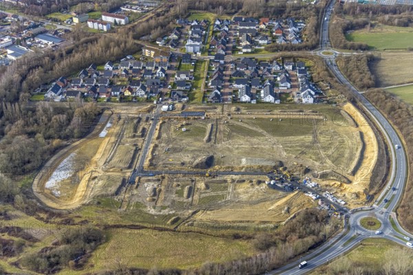Aerial view, construction area Heimshof Ost at Sachsenring, new development area, Heessen, Hamm, Ruhr area, North Rhine-Westphalia, Germany, DE, Europe, birds-eyes view, aerial photography, aerial photography, overview, bird's eye view