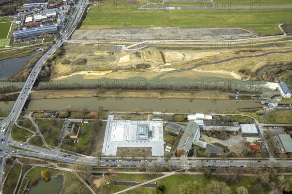Aerial view, Lippe reconstruction, river Lippe, new rowing centre, new water sports centre, Lippe beach, runway with taxiway area of Hamm-Lippewiesen airfield EDLH in the district of Heessen, Datteln-Hamm canal, Lippeseitenkanal, construction site dam relocation, Hamm, Ruhr area, North Rhine-Westphalia, Germany, DE, Europe, birds-eyes view, aerial view, aerial photography, aerial photography, overview, bird's eye view