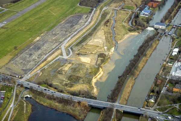Aerial view, Lippe reconstruction, river Lippe, Lippe beach, runway with taxiway area of Hamm-Lippewiesen airfield EDLH in the district of Heessen, Datteln-Hamm canal, Lippeseitenkanal, construction site dam relocation, Hamm, Ruhr area, North Rhine-Westphalia, Germany, DE, Europe, birds-eyes view, aerial view, aerial photography, aerial photography, overview, bird's eye view