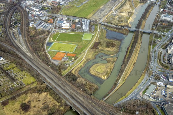 Aerial view, Lippe reconstruction, river Lippe, Lippe beach, runway with taxiway area of Hamm-Lippewiesen airfield EDLH in the district of Heessen, Datteln-Hamm canal, Lippeseitenkanal, construction site dam relocation, Hamm, Ruhr area, North Rhine-Westphalia, Germany, DE, Europe, birds-eyes view, aerial view, aerial photography, aerial photography, overview, bird's eye view