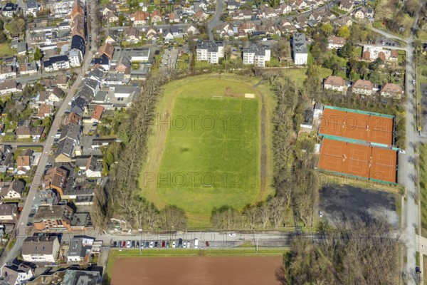 Aerial view, GlückaufStadion und Tennisclub Herringen tennis courts, Herringen, Hamm, Ruhr area, North Rhine-Westphalia, Germany, DE, Europe, football pitch, football stadium, football club, Lippepark Hamm - Schacht Franz, aerial view, aerial photography, aerial photography, park, sports, sports facilities, sports field, sports facility, tennis, tennis facility, tennis courts, tennis club, overview, bird's-eye view, bird's-eye view, overview
