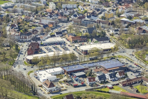 Aerial view, Lippecarree shopping centre at Herringer Markt, Evang.Victor-Kirche, Herringen, Hamm, Ruhr area, North Rhine-Westphalia, Germany, d 0.415398 0.272715, place of worship, DE, shopping centre, shopping place, shopping mall, Europe, religious community, place of worship, holy place, church, parish, denomination, aerial view, aerial photography, aerial photography, local supply centre, religion, religious site, shopping centre, overview, bird's-eye view, overview