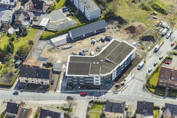 Aerial view, construction area Waldenburger Straße, Herringen, Hamm, Ruhr area, North Rhine-Westphalia, Germany, construction work, construction, construction area, construction site, building plots, construction project, construction site, DE, development, Europe, property tax, real estate, capacity requirements, aerial photograph, aerial photography, aerial photography, new construction, overview, bird's-eye view, growth, becoming and growing, residential complex, living and living, residential area, residential buildings, residential neighbourhood, residential estate, birds-eyes view, overview
