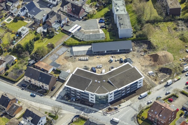 Aerial view, construction area Waldenburger Straße, Herringen, Hamm, Ruhr area, North Rhine-Westphalia, Germany, construction work, construction, construction area, construction site, building plots, construction project, construction site, DE, development, Europe, property tax, real estate, capacity requirements, aerial photograph, aerial photography, aerial photography, new construction, overview, bird's-eye view, growth, becoming and growing, residential complex, living and living, residential area, residential buildings, residential neighbourhood, residential estate, birds-eyes view, overview