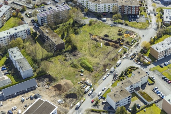 Aerial view, construction area Waldenburger Straße, Herringen, Hamm, Ruhr area, North Rhine-Westphalia, Germany, construction work, construction, construction area, construction site, building plots, construction project, construction site, DE, development, Europe, property tax, real estate, capacity requirements, aerial photograph, aerial photography, aerial photography, new construction, overview, bird's-eye view, growth, becoming and growing, residential complex, living and living, residential area, residential buildings, residential neighbourhood, residential estate, birds-eyes view, overview