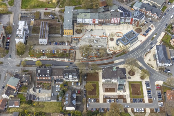 Aerial view, construction site Heessener Markt in the Amtsstraße and Bürgeramt in Heessen, Hamm, Ruhr area, North Rhine-Westphalia, Germany, construction work, construction area, construction site, building plots, construction project, construction site, authority, DE, Europe, aerial view, aerial photography, aerial photography, market, new building, overview, bird's-eye view, overview