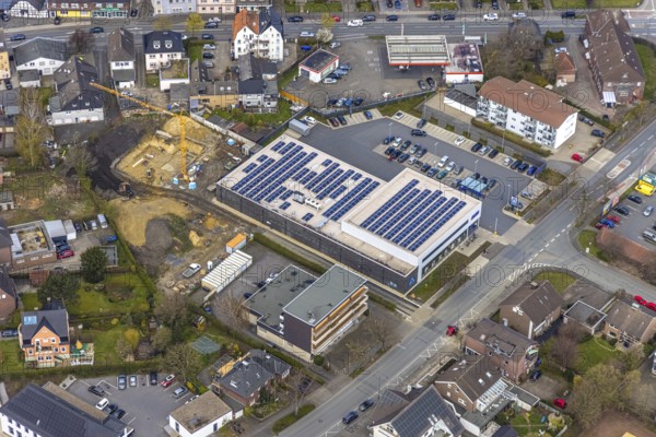 Aerial view, Heessen, Hamm, Ruhr area, North Rhine-Westphalia, Germany, Aldi supermarket, construction work, construction area, construction site, building plots, construction crane, construction project, construction site, DE, Europe, aerial view, aerial photography, aerial photography, new construction, photovoltaic, photovoltaic system, solar, solar system, solar energy, solar energy, overview, bird's eye view, birds-eyes view, overview