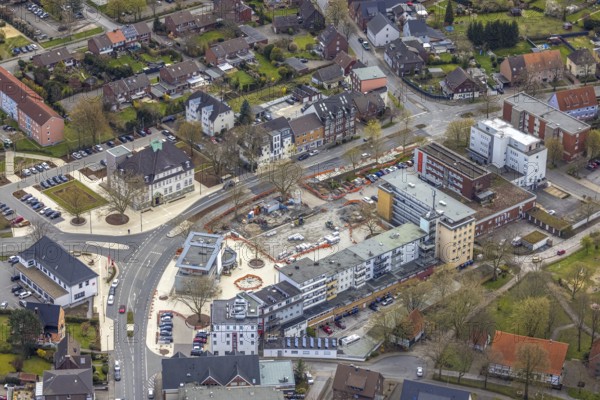 Aerial view, construction site Heessener Markt in the Amtsstraße and Bürgeramt in Heessen, Hamm, Ruhr area, North Rhine-Westphalia, Germany, construction work, construction area, construction site, building plots, construction project, construction site, authority, DE, Europe, aerial view, aerial photography, aerial photography, market, new building, overview, bird's-eye view, overview
