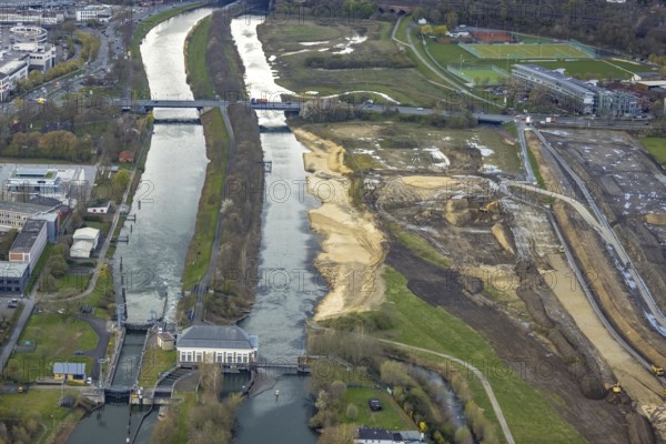 Aerial view, Lippe floodplain experience project, dike area between city centre and airfield, new course of the flood dike, river Lippe and Datteln-Hamm canal, Heessen, Hamm, Ruhr area, North Rhine-Westphalia, Germany, construction area, construction site, building plots, construction project, DE, Europe, aerial view, aerial photography, aerial photography, lock, overview, bird's-eye view, water distribution point Hamm, birds-eyes view, overview