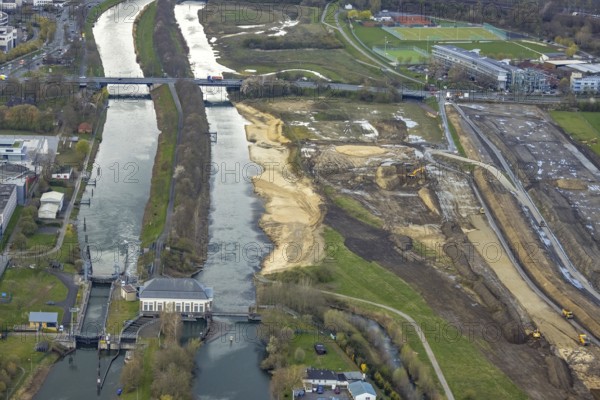 Aerial view, construction area at Jupp-Eickhoff-Weg with river Lippe and Datteln-Hamm canal, Heessen, Hamm, Ruhr area, North Rhine-Westphalia, Germany, construction area, construction site, building plots, construction project, DE, Europe, aerial view, aerial photography, aerial photography, airlock, overview, bird's-eye view, water distribution centre Hamm, birds-eyes view, overview