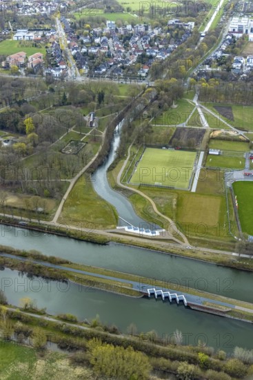 Aerial view, culvert for river Ahse. A pipe system to channel the Ahse water under the Datteln-Hamm canal into the river Lippe, Heessen, Hamm, Ruhr area, North Rhine-Westphalia, Germany, DE, The culvert allows the water to flow into the Lippe, Europe, aerial view, aerial photography, aerial photography, pipe system, overview, bird's-eye view, overview