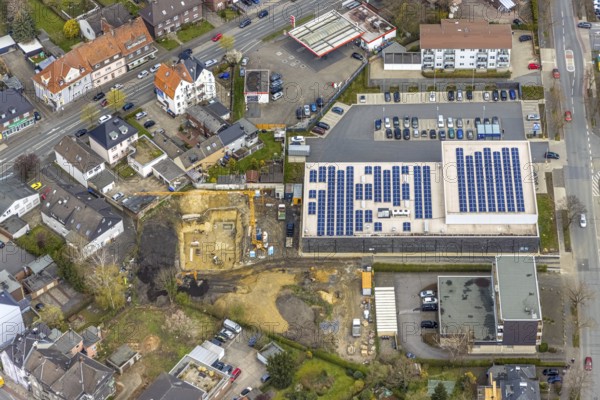 Aerial view, Heessen, Hamm, Ruhr area, North Rhine-Westphalia, Germany, Aldi supermarket, construction work, construction area, construction site, building plots, construction crane, construction project, construction site, DE, Europe, aerial view, aerial photography, aerial photography, new construction, photovoltaic, photovoltaic system, solar, solar system, solar energy, solar energy, overview, bird's eye view, birds-eyes view, overview