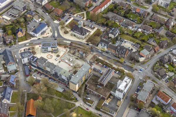 Aerial view, construction site Heessener Markt in the Amtsstraße and Bürgeramt in Heessen, Hamm, Ruhr area, North Rhine-Westphalia, Germany, construction work, construction area, construction site, building plots, construction project, construction site, authority, DE, Europe, aerial view, aerial photography, aerial photography, market, new building, overview, bird's-eye view, overview