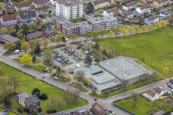 Aerial view, Areal Am Brokhof, Sachsen-Halle in Heessen, Hamm, Ruhr area, North Rhine-Westphalia, Germany, DE, Europe, aerial view, aerial photography, aerial photography, multipurpose hall, multipurpose sports hall, overview, event location, event venue, bird's eye view, birds-eyes view, overview