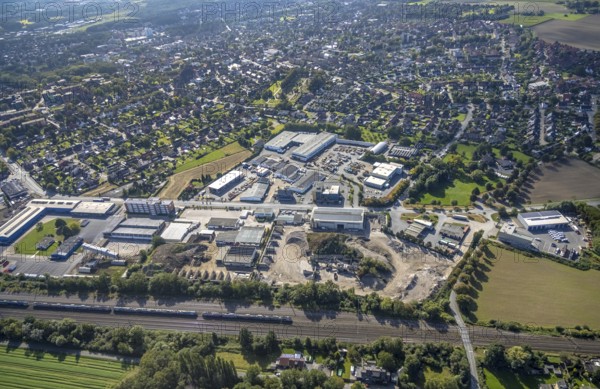 Aerial view, commercial area Römerstraße in the district Bockum-Hövel in Hamm, Ruhr area, North Rhine-Westphalia, Germany, DE, Europe, distant view, commercial enterprises, commercial area, commercial area, commercial site, commercial use, Hamm, industrial plants, industrial area, industrial site, colony, aerial photograph, aerial photography, aerial photography, Rhine-Ruhr metropolitan region, overview, bird's-eye view, bird's-eye view, overview