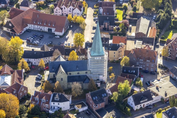 Aerial view, steeple renovation of the catholic church St. Regina in the district Rhynern in Hamm, Ruhr area, North Rhine-Westphalia, Germany, place of worship, DE, Europe, religious community, place of worship, Hamm, holy place, church, parish, denomination, aerial view, aerial photography, aerial photography, religion, religious site, overview, cloaking, bird's eye view, birds-eyes view, overview