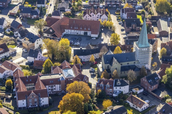 Aerial view, church tower renovation of the catholic church St. Regina and retirement home Reginahaus in the district of Rhynern in Hamm, Ruhr area, North Rhine-Westphalia, Germany, retirement home, old people's home, retirement home, place of worship, care and nursing, DE, Europe, religious community, place of worship, Hamm, holy place, church, parish, denomination, aerial view, aerial photography, aerial photography, care facility, religion, religious site, retirement home, retirement residence, retirement home, retirement centre, overview, cloaking, bird's eye view, bird's eye view, overview
