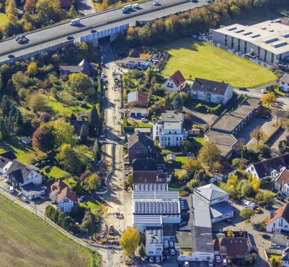 Aerial view, An der Windmühle with Hamm fire brigade - Rhynern operational area and subway of the A2 motorway in the Rhynern district of Hamm, Ruhr area, North Rhine-Westphalia, Germany, fire fighters, fire protection, fire watch, DE, Europe, fire station, fire brigade, Hamm, aerial view, aerial photography, aerial photography, overview, bird's-eye view, overview