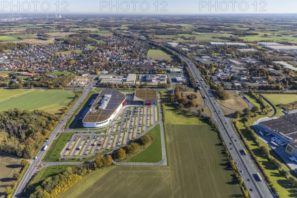 Aerial view, Möbel Höffner on the A2 motorway in the Rhynern district of Hamm, Ruhr area, North Rhine-Westphalia, Germany, DE, Europe, commercial enterprises, commercial area, commercial park, commercial location, commercial use, Hamm, industrial area, industrial building, industrial location, aerial photograph, aerial photography, aerial photography, furniture shop, overview, bird's eye view, birds-eyes view, overview