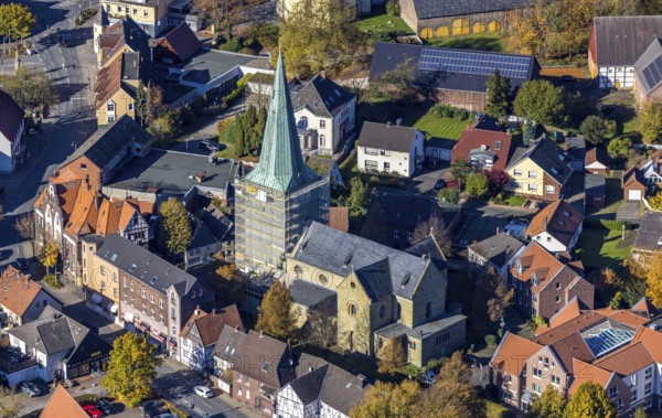 Aerial view, steeple renovation of the catholic church St. Regina in the district Rhynern in Hamm, Ruhr area, North Rhine-Westphalia, Germany, place of worship, DE, Europe, religious community, place of worship, Hamm, holy place, church, parish, denomination, aerial view, aerial photography, aerial photography, religion, religious site, overview, cloaking, bird's eye view, birds-eyes view, overview