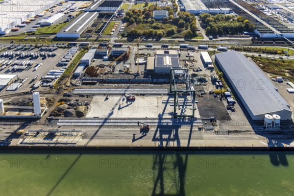 Aerial view, Lanfer Logistik and Maxi Terminal in the harbour on the Datteln-Hamm Canal in the district of Herringen in Hamm, Ruhr area, North Rhine-Westphalia, Germany