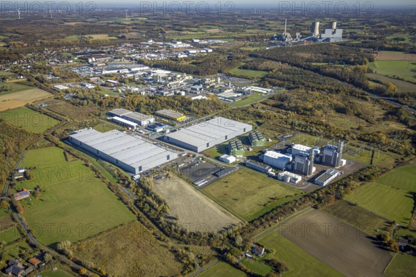 Aerial view, construction site Distribution Park between Trianelstraße and Trianel GasKraftwerk as well as DuBay Polymer GmbH and RWE power plant Westfalen in the background in the district Uentrop in Hamm, Ruhr area, North Rhine-Westphalia, Germany, DE, Europe, commercial enterprises, commercial area, commercial park, commercial location, commercial use, GuD power plant Hamm-Uentrop, Hamm, industrial area, industrial building, industrial location, aerial view, aerial photography, aerial photography, overview, bird's eye view, bird's eye view, overview