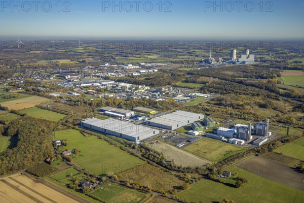 Aerial view, construction site Distribution Park between Trianelstraße and Trianel GasKraftwerk as well as DuBay Polymer GmbH in the district Uentrop in Hamm, Ruhr area, North Rhine-Westphalia, Germany, DE, Europe, commercial enterprises, commercial area, commercial park, commercial site, commercial use, GuD power plant Hamm-Uentrop, Hamm, industrial area, industrial building, industrial site, aerial view, aerial photography, aerial photography, overview, bird's eye view, birds-eyes view, overview
